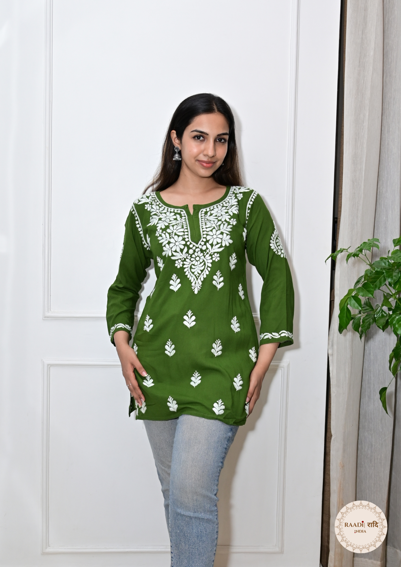 Handcrafted Lucknowi Modal Short Kurti-Mehendi Green
