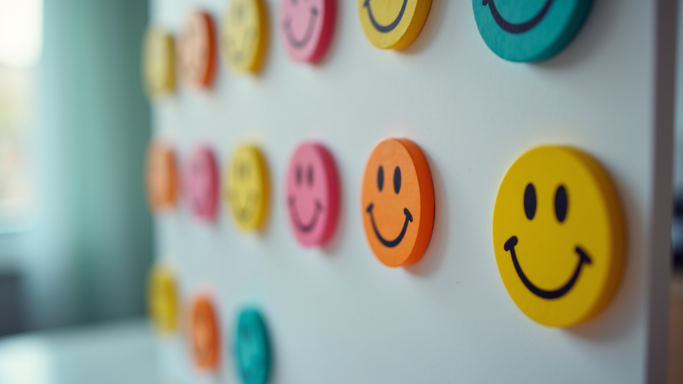Close-up view of a homemade colorful feelings chart with smiley faces