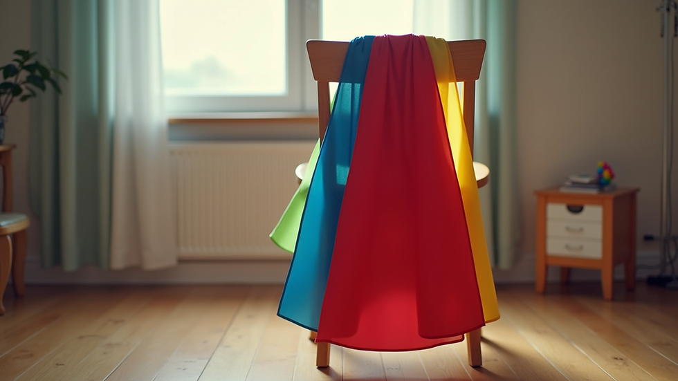Eye-level view of colorful superhero cape hanging on a child’s chair