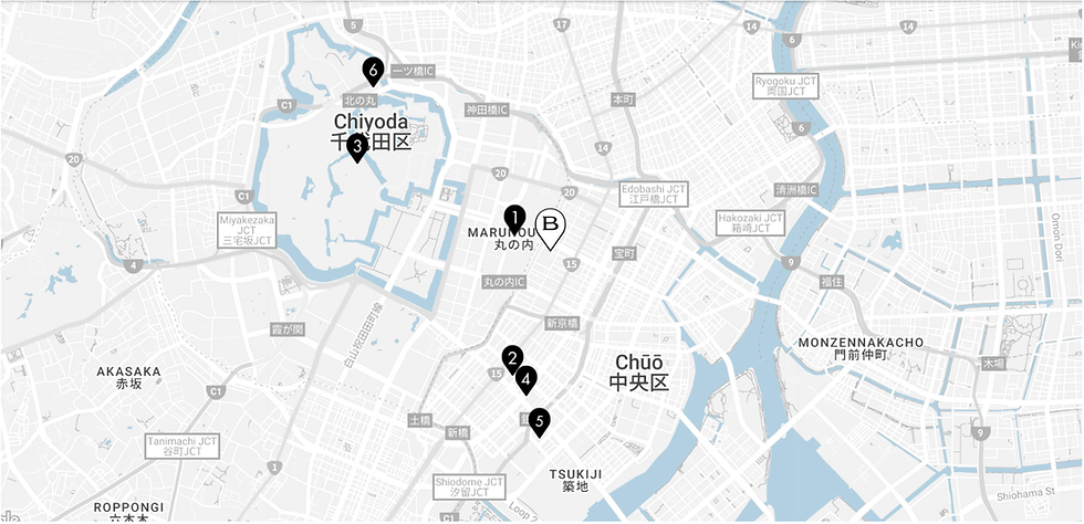 Map of Tokyo with Chiyoda and Chūō wards highlighted. Numbered location markers 1-6 and B near Marunouchi and Tsukiji. Blue waterways.