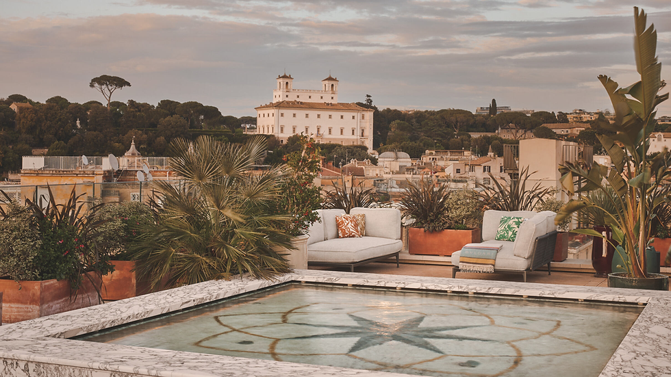 Rooftop lounge with cushioned chairs, plants, and a star-patterned pool. Overlooks a historic building and tree line at sunset.