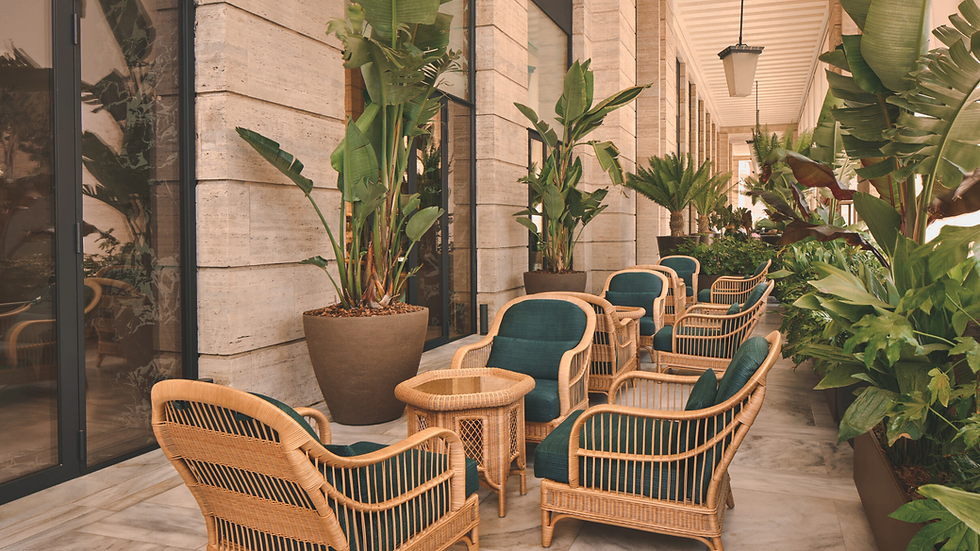 Wicker chairs with green cushions and a table set on a patio with potted plants and stone walls, evoking a serene and tropical vibe.
