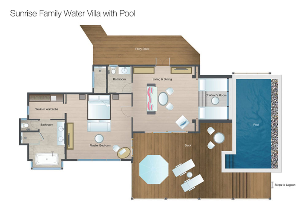 Four Seasons Resorts Maldives Kuda Huraa Accommodation Sunrise Family Water Villa with Pool Floor Plan