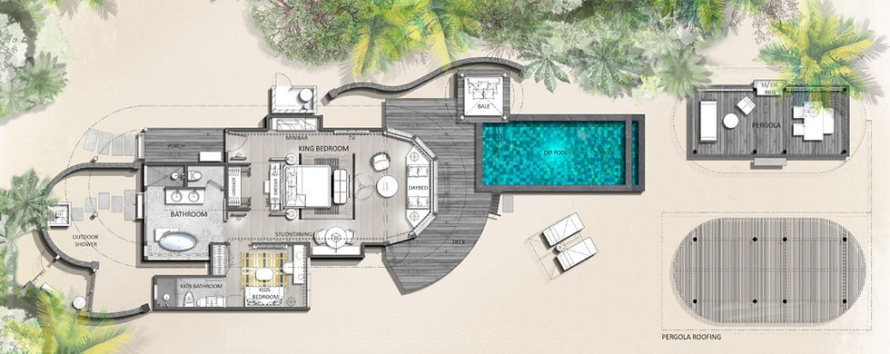 Floor plan of Four Seasons Resorts Maldives Kuda Huraa Accommodation Sunrise Sunset Family Beach Villa with Pool