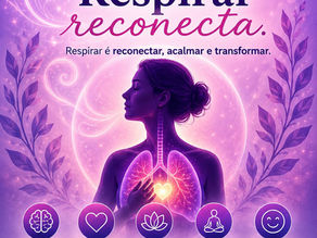 Ilustração em tons de roxo sobre ansiedade e respiração consciente. A imagem mostra a silhueta de uma mulher com destaque para os pulmões e o coração iluminado, acompanhada da frase “Ansiedade acelera. Respirar reconecta.” Ícones representam benefícios da respiração consciente, como redução da ansiedade, bem-estar emocional, foco mental e equilíbrio emocional.