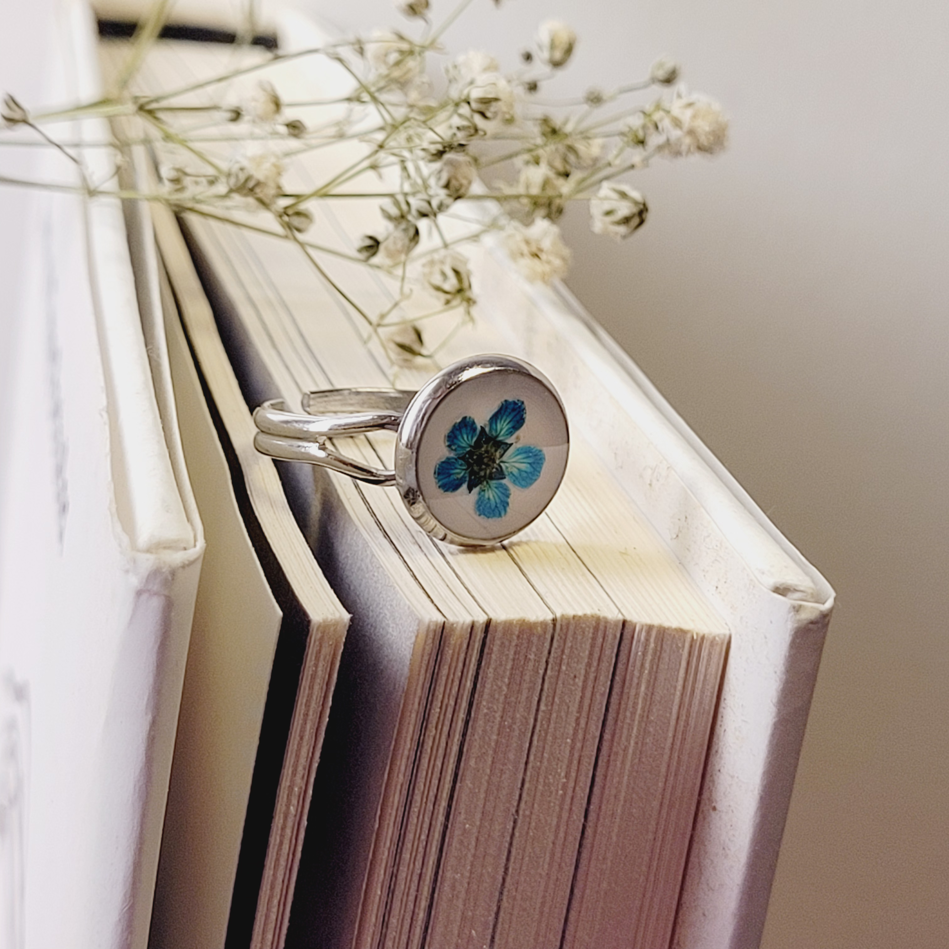 Blue Floral Ring Elegant Handcrafted Resin Jewelry