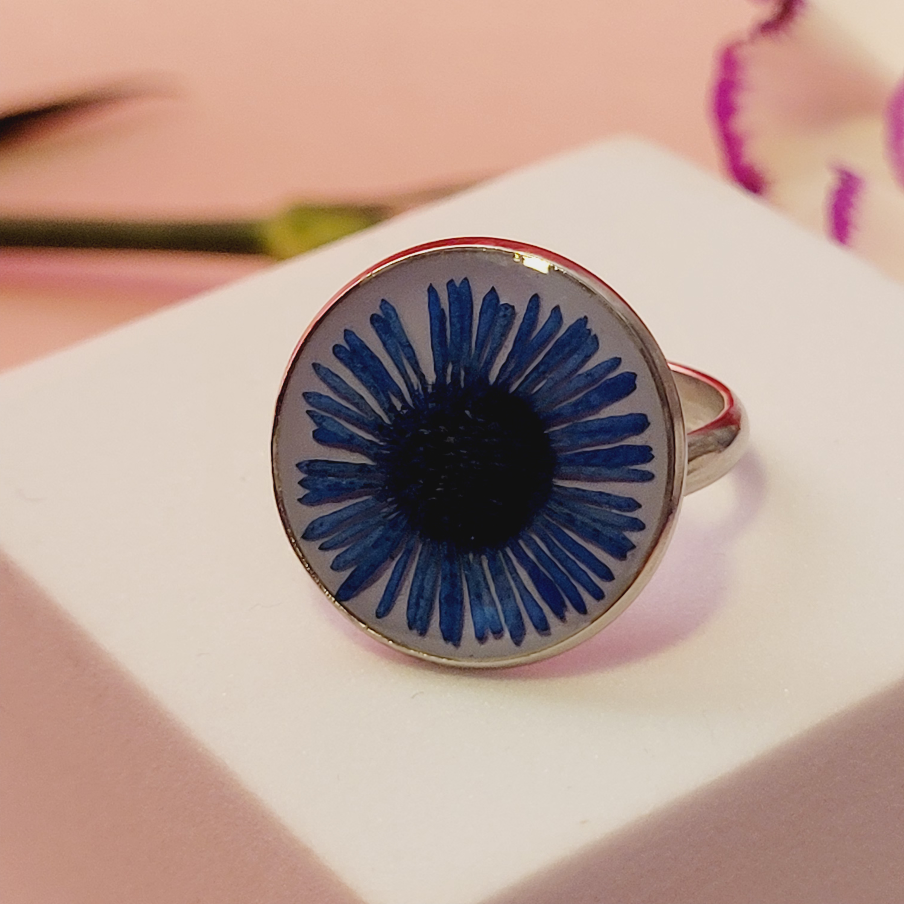 Blue Aster Floral Finger Ring Handcrafted Silver Resin Design