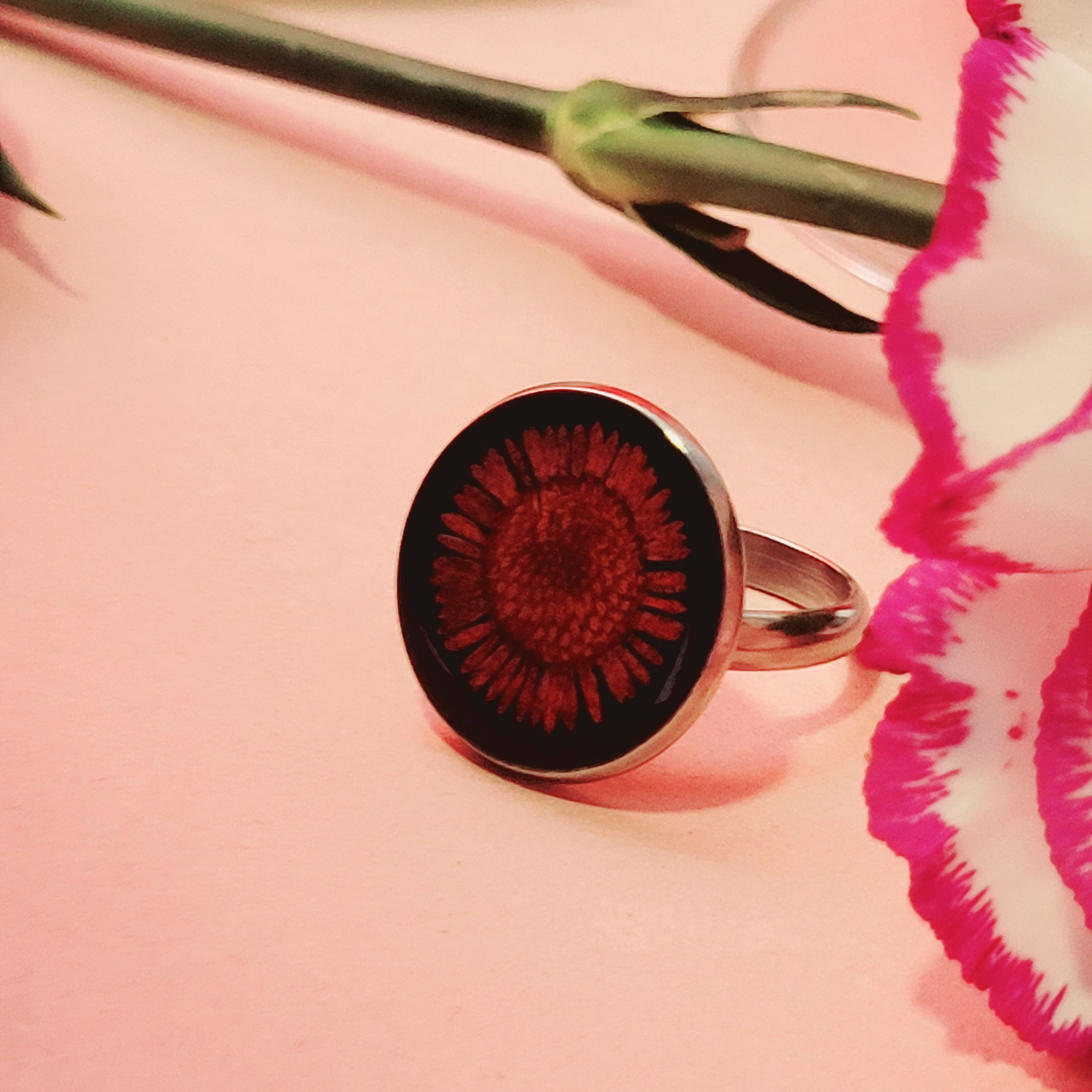 Red and Black Floral Silver Finger Ring | Bold Handcrafted Design