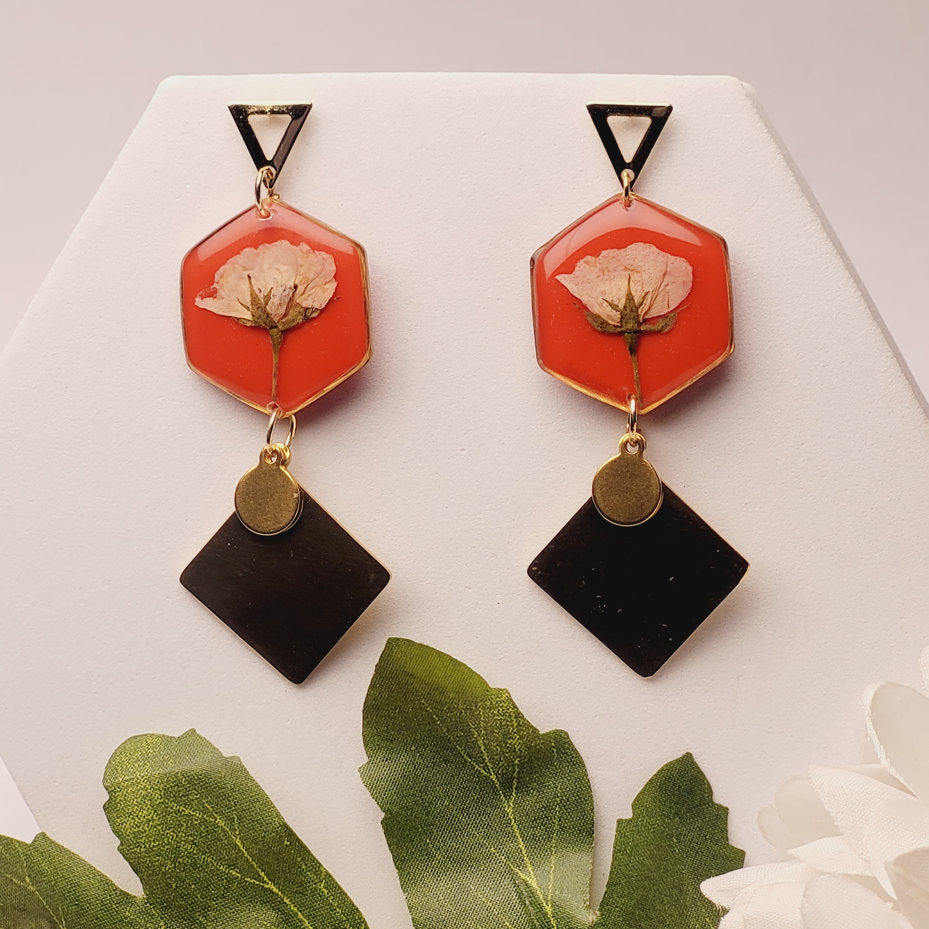 Pink Rose on Red Gold Earrings | Romantic & Luxurious Floral Jewelry