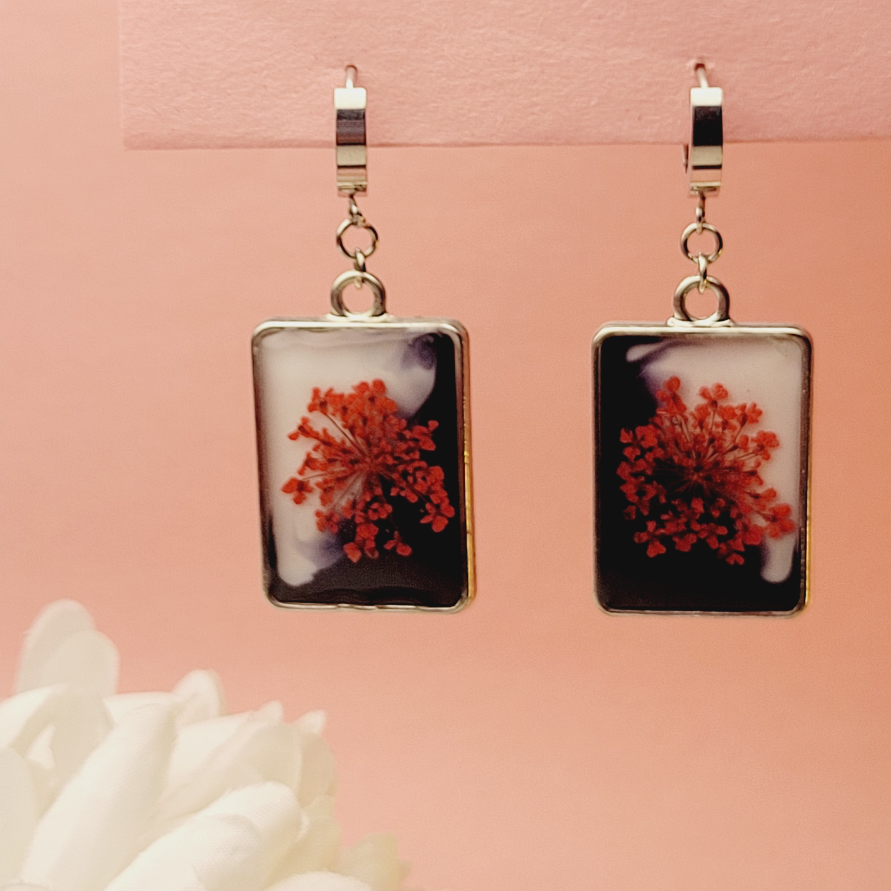 Queen's Annes Lace on White-Black Silver Reactangle Earring | Statement Jewelry