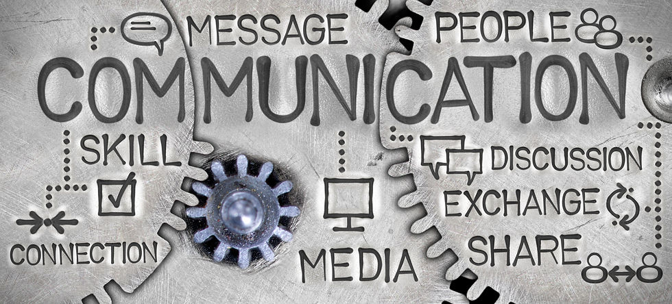 Macro photo of tooth wheel mechanism with COMMUNICATION concept related words and icons im