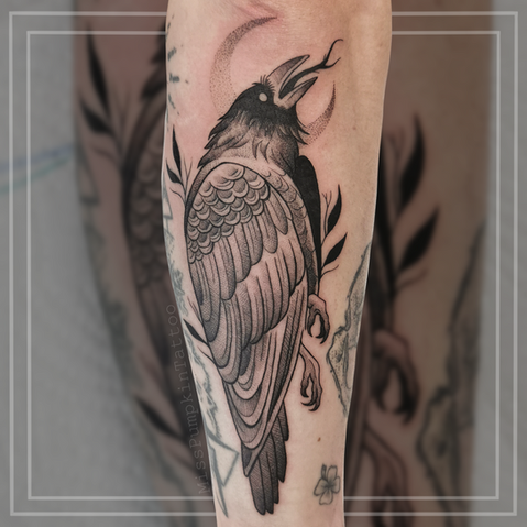 crow, raven, Rabe, Krähe, Tattoo, Blackwork Tattoo, Fineline, Dotwork, Atelier Felis Leo, Tattoo in Bochum