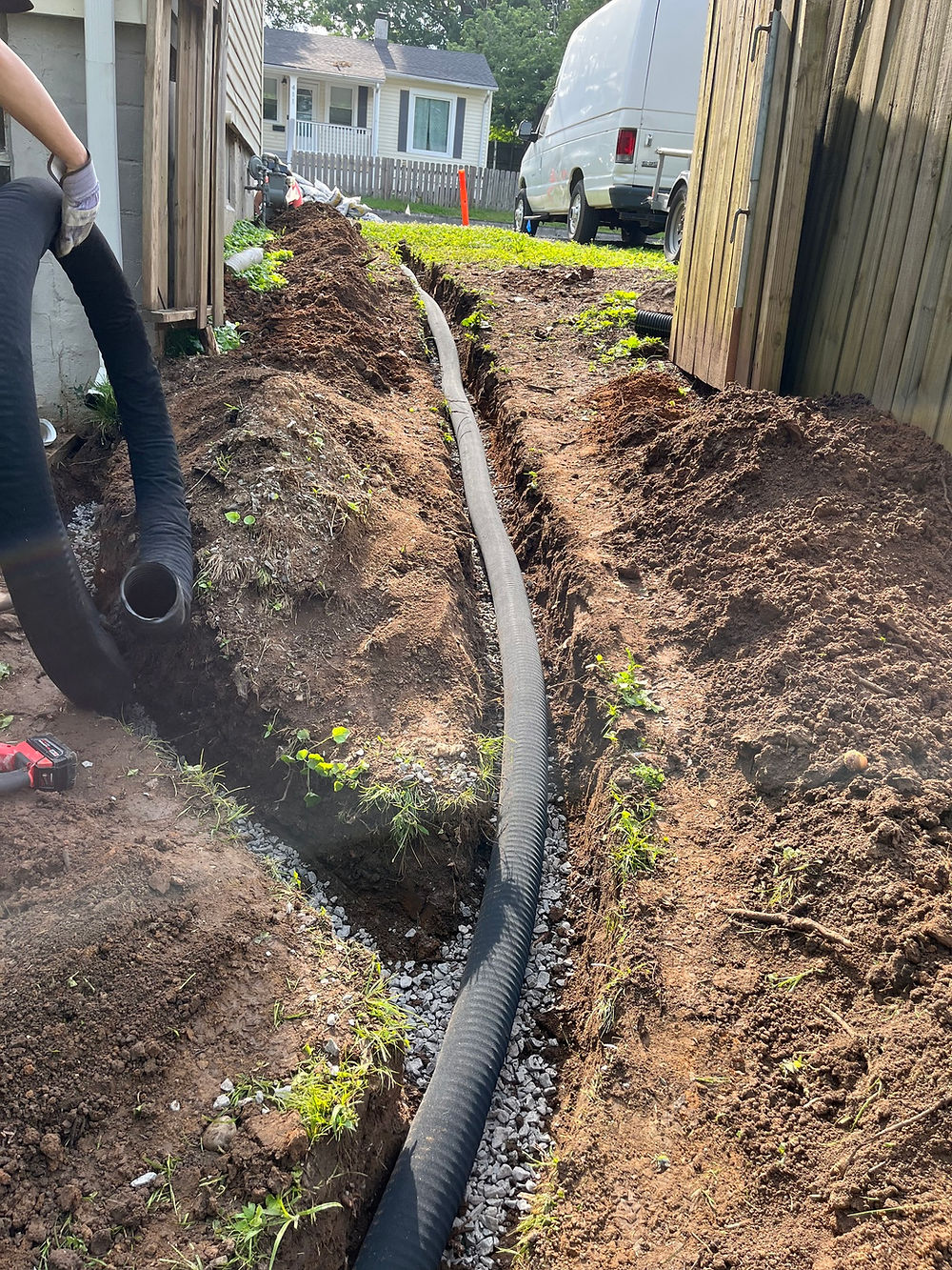 Residential French drain installation for exterior water control