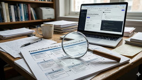 Magnifying glass on a printed AIR framework research transparency matrix on a researcher's desk, symbolizing critical analysis of AI disclosure in research.
