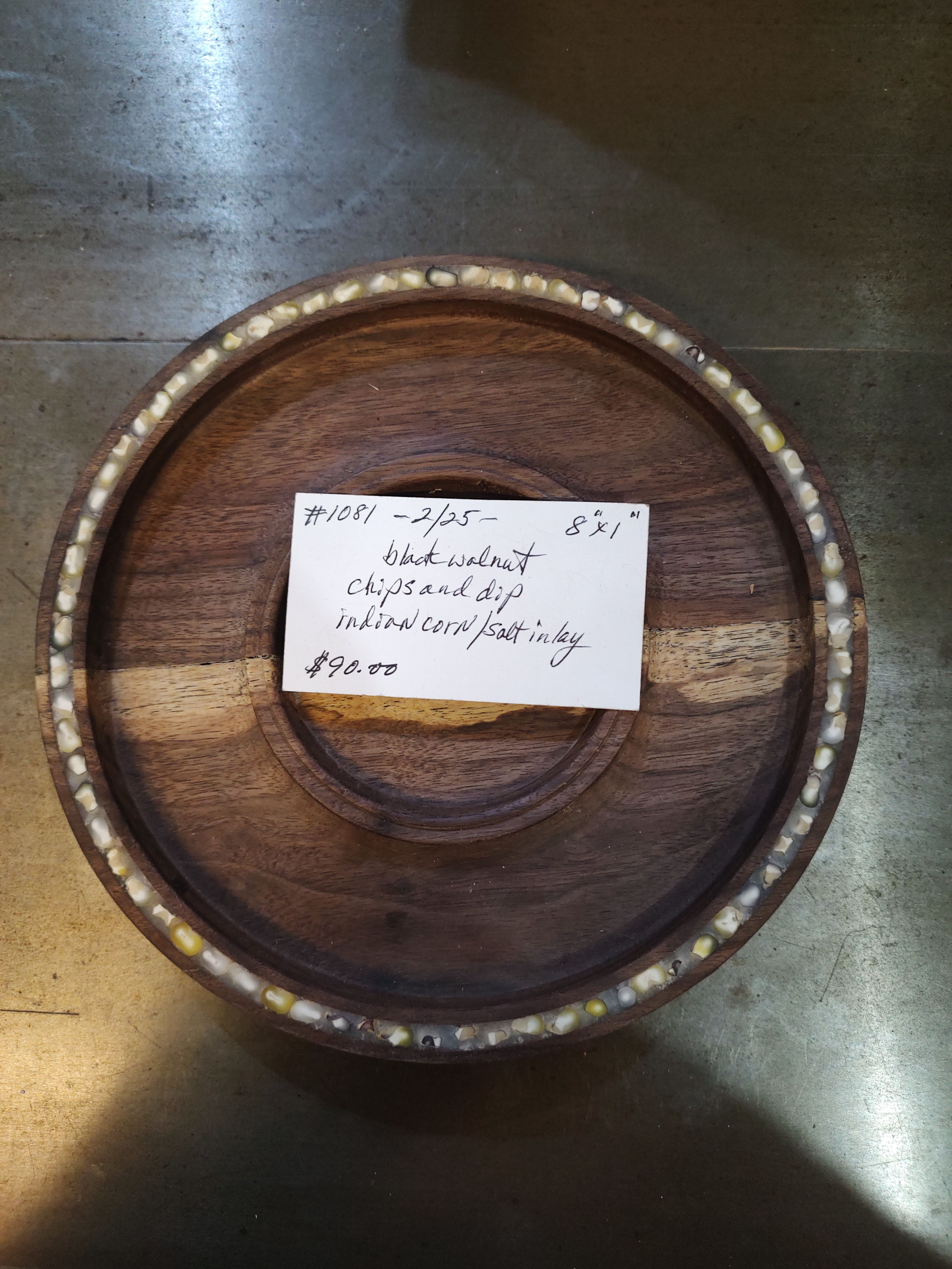 #1081 Black Walnut chips and dip with Indian corn and salt inlay.