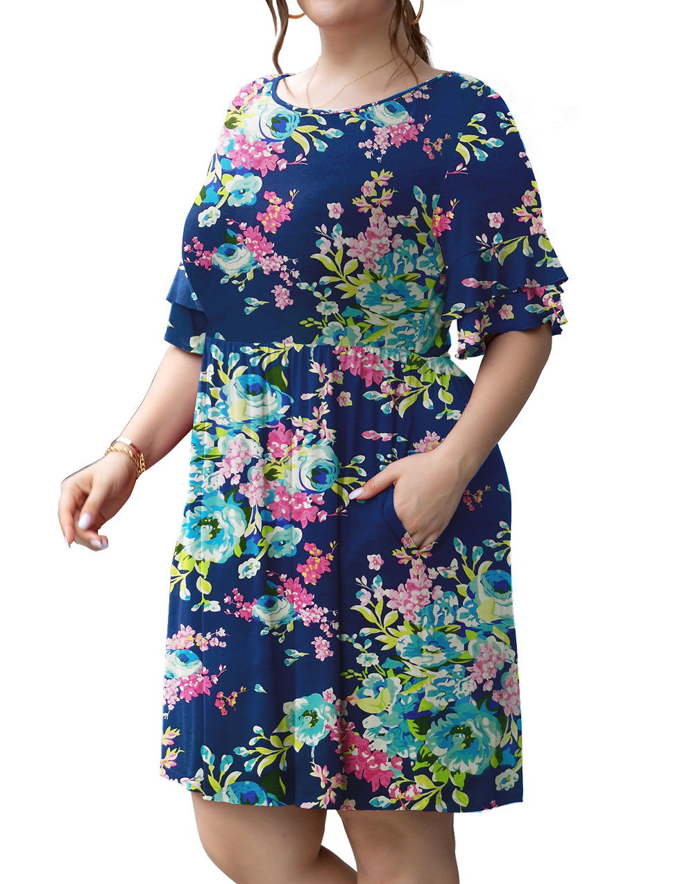Thumbnail: Womens Plus Size Floral Short Sleeve Casual Flowy Swing Dresses 02