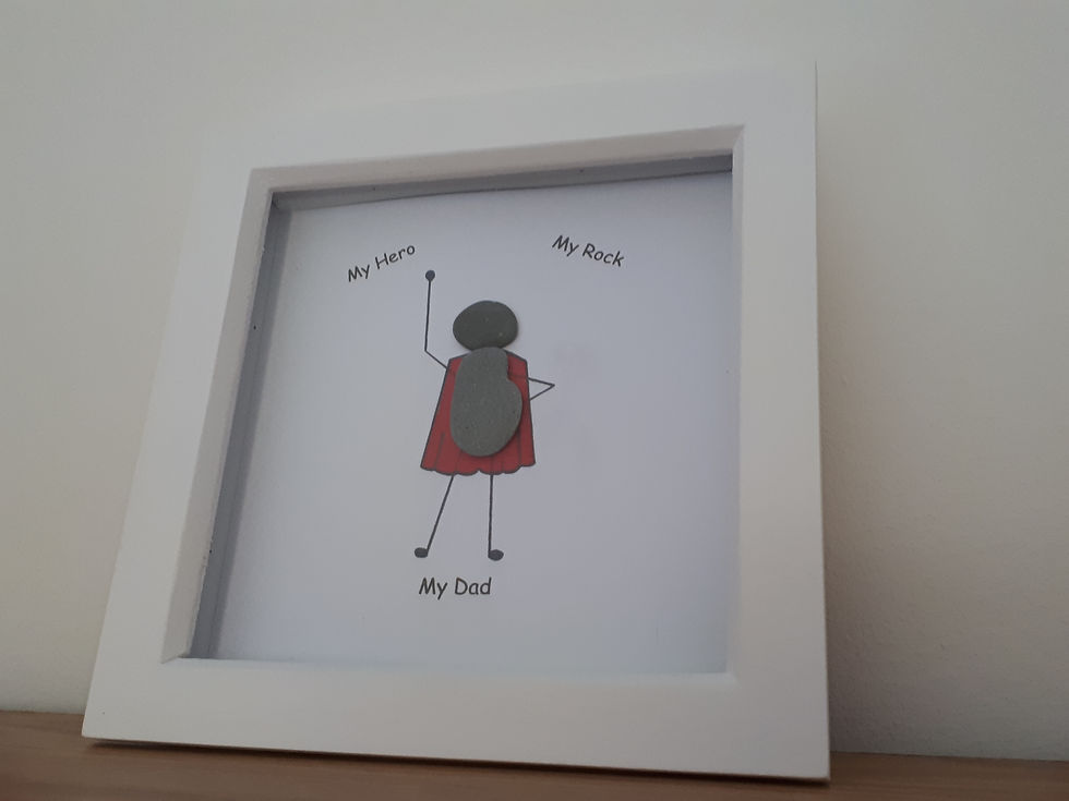"My Hero, My Rock, My Dad". This beautifully hand made pebble picture would make a perfect gift for your dad or a loved one.