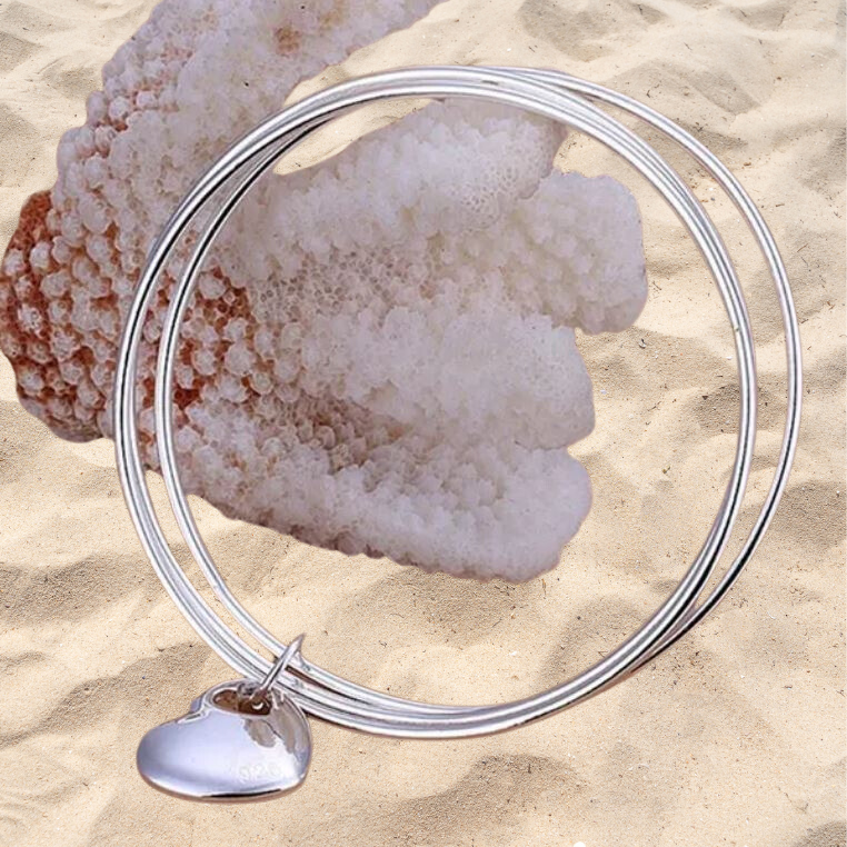 Thumbnail: Sterling Silver Bangles with Elegant Heart Charm