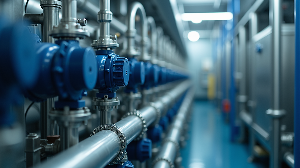 Close-up view of water treatment system components installed in a processing plant