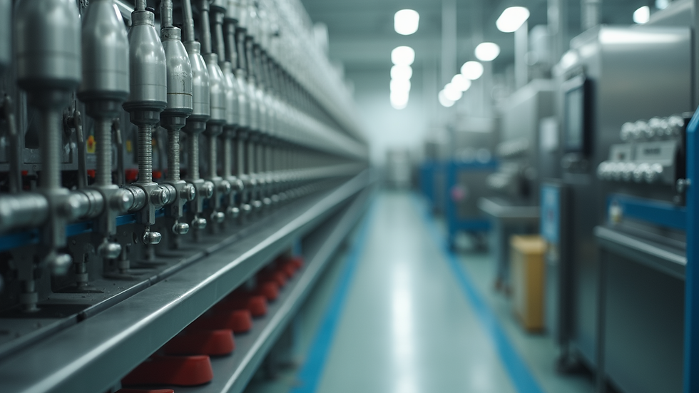 Close-up view of milk processing machinery in a factory