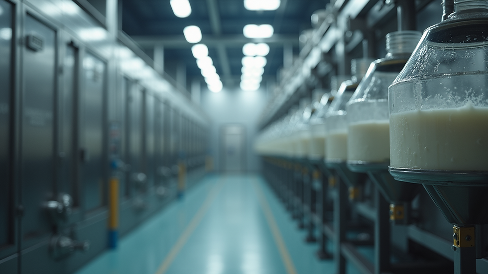 Eye-level view of industrial milk processing equipment in a factory