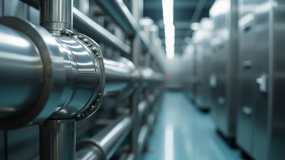 Close-up view of stainless steel piping system in a food processing plant