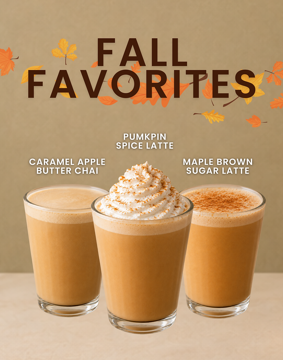 Coffee & Bark 2026 fall drinks featuring Pumpkin Spice Latte, Maple Brown Sugar Latte and Caramel Apple Butter Chai