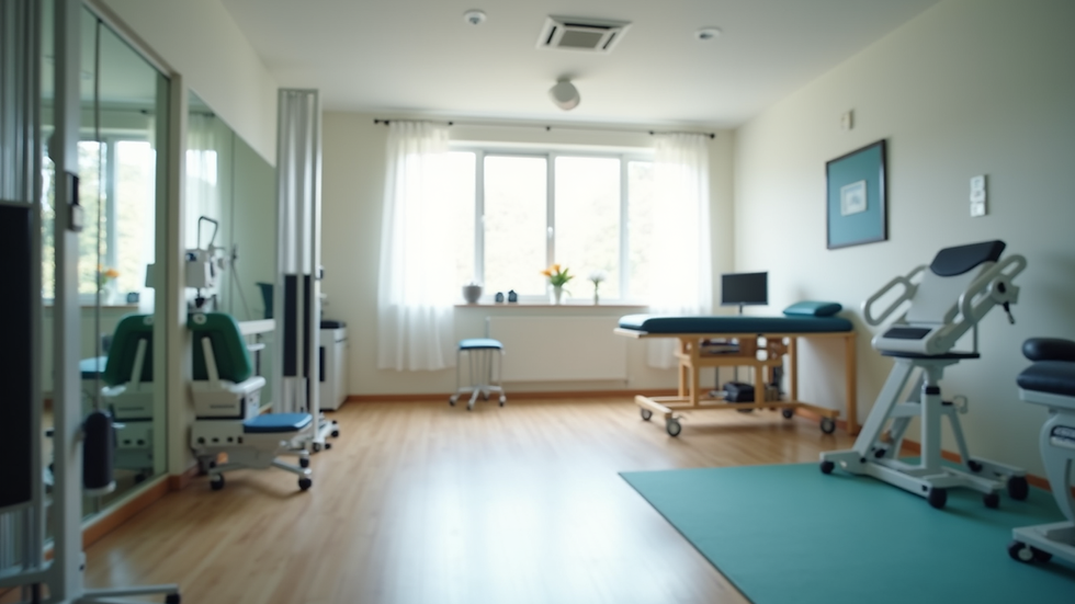 Eye-level view of a physiotherapy clinic treatment room with exercise equipment