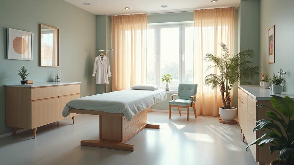 High angle view of a calm physiotherapy treatment room with natural light