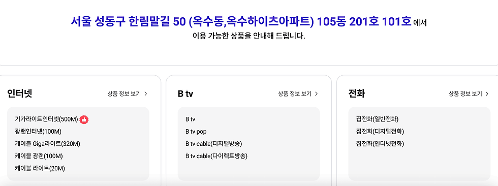 (SK의 기가인터넷 가능지역 조회 결과)