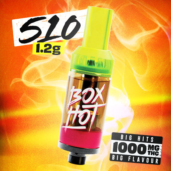 Green and pink 510 vape cartridge on orange background