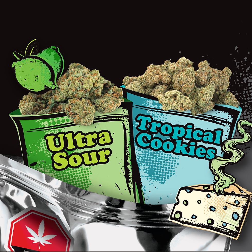 A bag of Ultra Sour and a bag of Tropical Cookies flower.