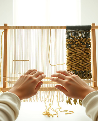  In a serene, brightly lit room, a pair of gentle, luminous hands guides threads on a larg