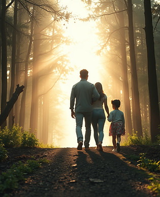 Trauma‑informed healing without words_ rising forest path toward warm light; diverse indiv