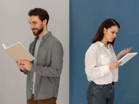 Community managers comparing vendor proposals — man reviewing clear proposal while woman looks frustrated at unclear bid, illustrating apples-to-apples comparison challenges.