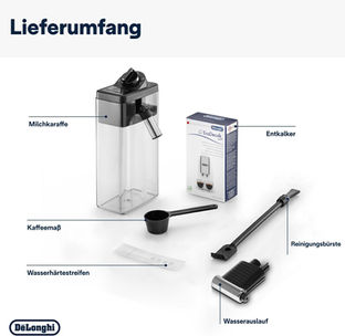 Lieferumfang, Zubehör und Einzelteile eines Kaffeevollautomaten, Milchkanne, Kaffeemaß und mehr.