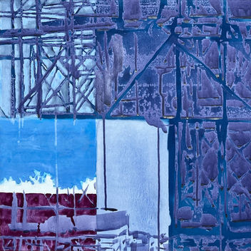 大阪万博の会場である夢洲の風景を描いた、抽象的な現代美術の絵画。An abstract contemporary painting of the landscape of Yumeshima, the site of the Osaka Expo.