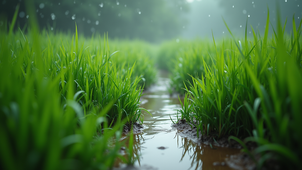 Eye-level view of a lush green field with rainwater pooling