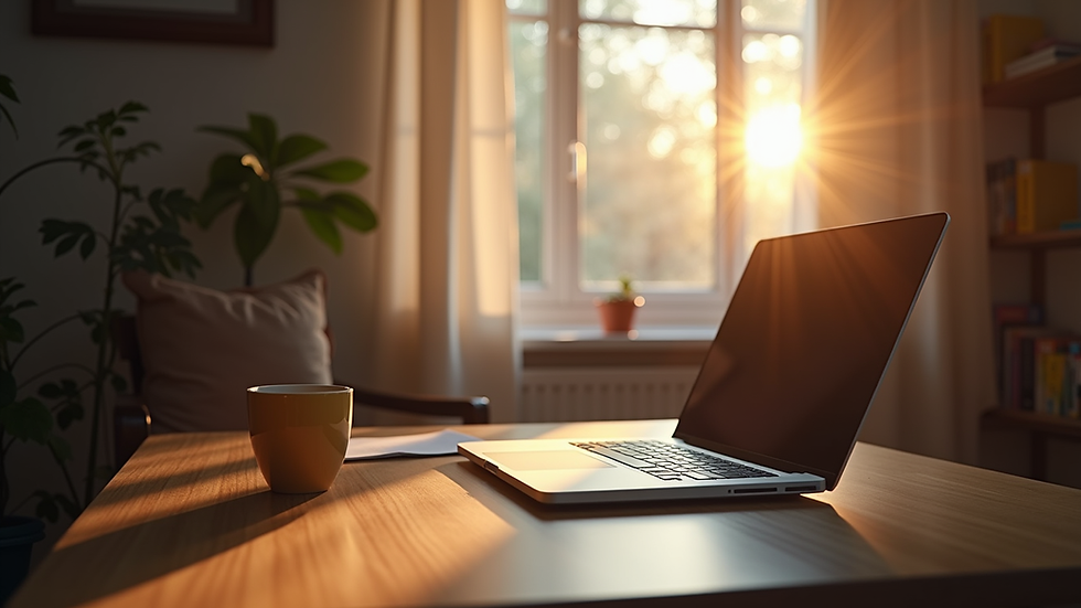 Eye-level view of a cozy home office setup with a laptop and soft lighting