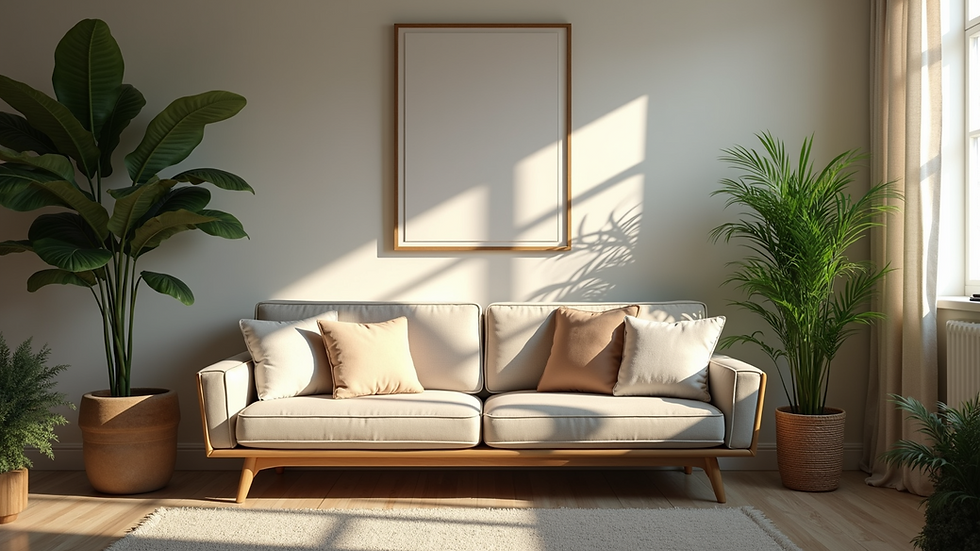 Eye-level view of a cozy living room with a mix of textures and green plants