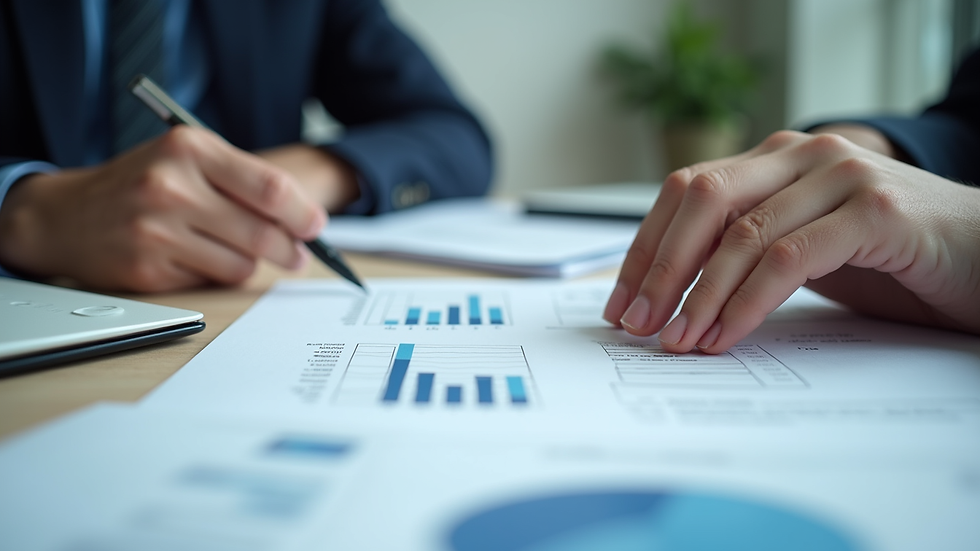 Close-up view of a person reviewing financial documents at a desk