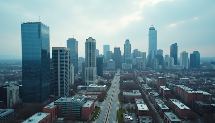 High angle view of a Canadian city skyline with major bank buildings