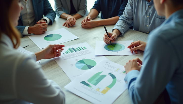 High angle view of a team reviewing sustainability performance charts and data on a large table
