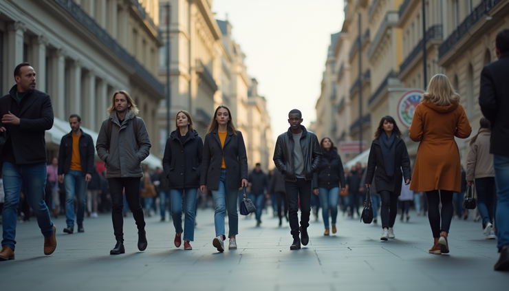 Eye-level view of a city street with diverse people walking and interacting
