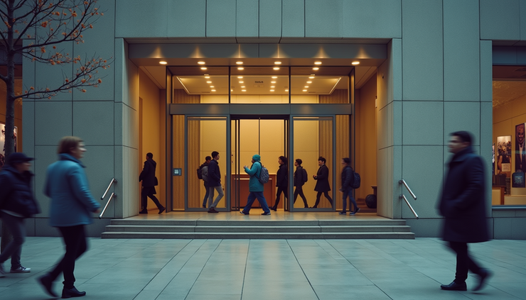 Eye-level view of a bank entrance with a diverse neighborhood in the background