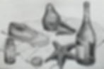 Pencil drawing still life: canvas shoe, bottles, shells, starfish, pear