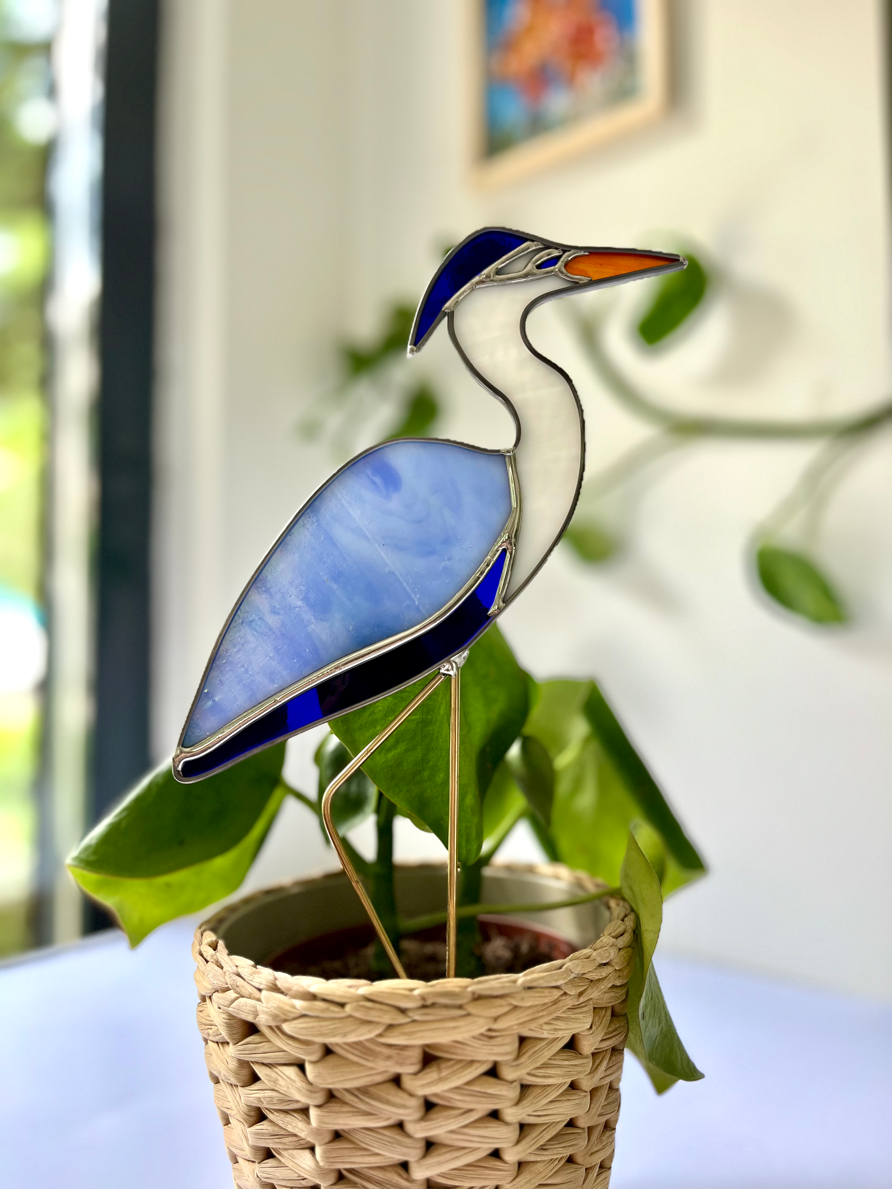 Mavi balıkçıl Tasarım Vitray Saksı süsü