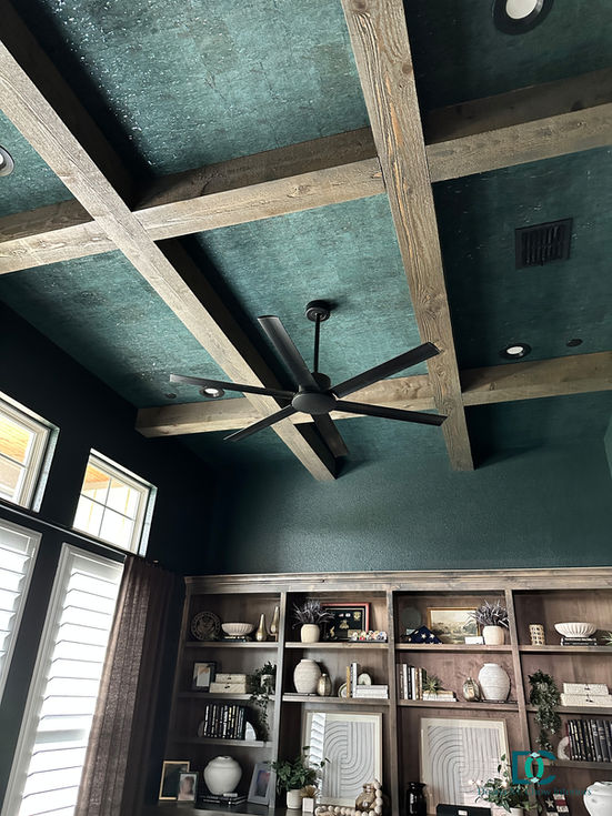 Close-up of wood beam ceiling design by Deana M. Chow Interiors, showcasing timeless architectural detail and layered texture in a warm, curated space.