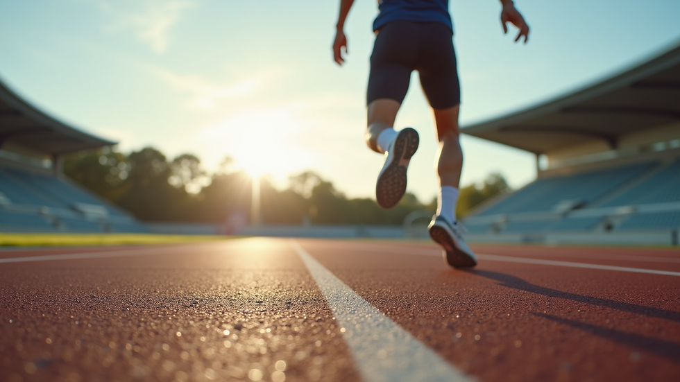 Eye-level view of athlete performing dynamic warm-up on track