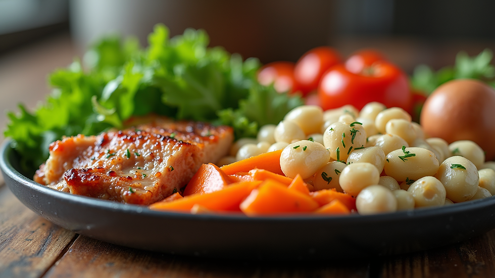 Close-up view of balanced athlete meal with protein, carbs, and vegetables